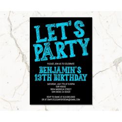 Black and Blue Birthday Invitation for Boys Teens Kids/ANY AGE & Color/Blue Birthday Invitation Template/Instant Downloa