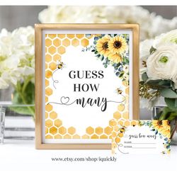 Bee Guess How Many Sign Honey Bee baby shower game How Many Are In The Jar Game Table sign Printable Digital Instant Dow