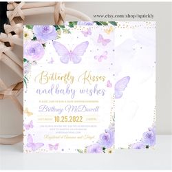 Editable Purple Butterfly Kisses and Baby Wishes Baby Shower Invitation Butterfly Theme Invite Printable Template Instan