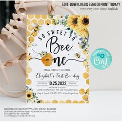 Editable Bee Birthday Invitation Honey Bee Birthday Party Bee 1st Birthday So Sweet To Bee One Party Bee-Day 1st Birthda