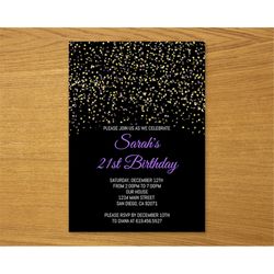 Black, Purple & Gold Birthday Invitations Template/Purple Gold Confetti Birthday Invitations for Men Women Adults/ANY AG