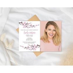 cherry blossom birthday invitations photo template for girls, women, teens, kids/japanese invitation/corjl template/pink