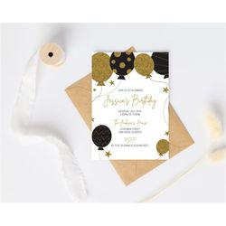 black and gold balloons birthday invitation template, editable birthday invitations, gold and black birthday party invit