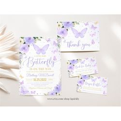 editable purple butterfly baby shower invitation bundle set girl butterfly theme invite diaper book printable template i