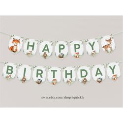 editable woodland banner birthday banner woodland animals printable 1st bunting banner  winter baby shower templates ins