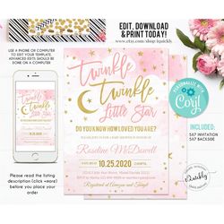 editable twinkle twinkle little star baby shower invitation, girl baby shower, pink and gold invites, instant download t