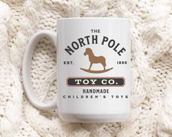 north pole toy co vintage style christmas coffee mug, kids hot chocolate mug gift, christmas gift mug