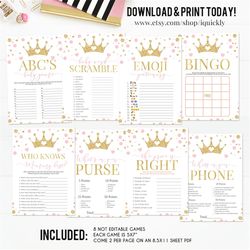 Princess Baby Shower Games, Pink and gold Baby Shower Game Bundle, Little Princess Gold Bingo Instant Download Digital P
