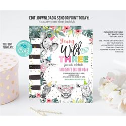 Editable Young Wild and Three Invitation Girl Pink and Gold Safari Animals Zoo Instant Download Printable Template Digit