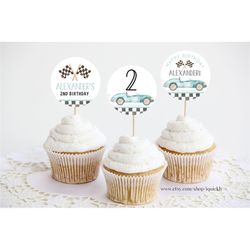 Editable Two fast Birthday Cupcake toppers Racecar Party Cake toppers Racing car Vintage Template printable Instant Digi