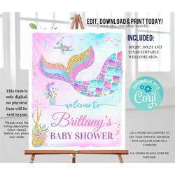 Editable Mermaid Birthday Welcome sign, Baby Shower Under the Sea Party Sign Yard sign Download Printable template Digit