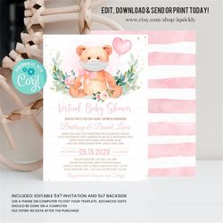 Editable Teddy Bear Virtual Baby Shower Invitation Girl Distance Baby shower Invite Bear Quarantine Printable template d