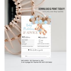 Teddy bear Baby Predictions Advice Baby Shower Game Advice Card Blue Boy Shower Games Balloon themed Printable Instant D
