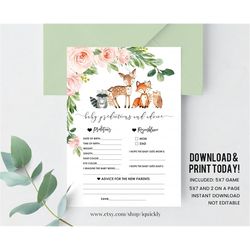 Woodland Baby Predictions and Advice Baby Shower Game, Girl Wooldand animals Advice Card, Rustic Shower Games Printable