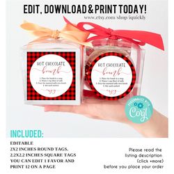 Editable Hot Chocolate Bomb Label Red Gingham Hot Cocoa Bombs Directions Instructions Christmas Bomb Gift Tag Printable