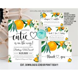 Editable A little Cutie is on the way Baby shower Invitation Set Greenery Orange invite Pack Gender Neutral Bundle Packa