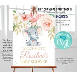 Elephant Baby Shower Welcome Sign, EDITABLE Pink and gold Elephant, Pink Birthday sign, Party decorations instant downlo