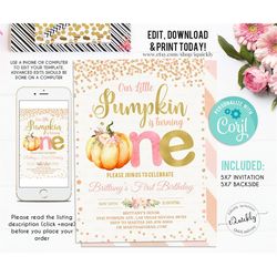 Editable Pumpkin First Birthday Invitation, Little pumpkin Invitations, Fall Autumn 1st Birthday Invites Instant downloa