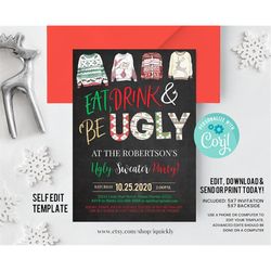 Editable Ugly Sweater Party Invitation Rustic Christmas Ugly Sweater Invitation Eat Drink And Be Ugly Sweater Party Invi