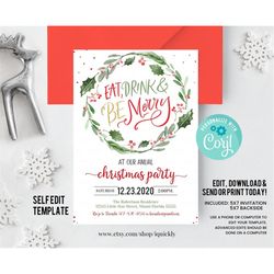 Eat Drink and Be Merry Christmas Party Invitation Holiday Party Invites Annual Holiday Party template Printable Instant