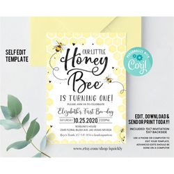 Editable Bee Birthday Invitation Honey Bee Birthday Party Bee 1st Birthday Bumble Bee theme Invites Printable template I