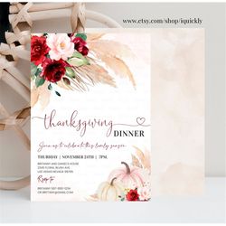 Thanksgiving Dinner Invitation, Boho Let's Give Thanks Invitation Template, Thanksgiving Invite, Printable Digital downl