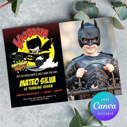 Batman Birthday Invitation with photo, Superheroes Birthday Invitation with photo Canva Editable Instant Download