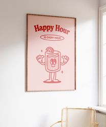 happy hour print, bar cart wall art, cute drinks poster, retro bar cart decor, drinks print, digital download, retro wal