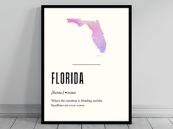 Funny Florida Definition Print  Florida Poster  Minimalist State Map  Watercolor State Silhouette  Modern Travel  Word A