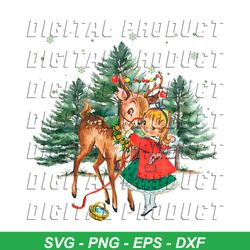 Vintage Christmas Girl and Reindeer PNG Sublimation Design