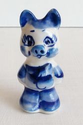 Small porcelain collectible pig figurine Christmas New Year small gift Blue Hand Painted blue ceramic Gzhel