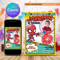 Spider Man 6th Birthday Invitation, Superheroes Six Birthday Invitation Canva Editable Instant Download