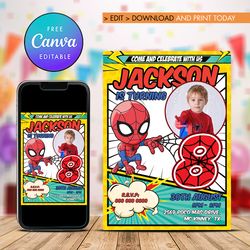 Spider Man 8th Birthday Invitation, Superheroes Eight Birthday Invitation Canva Editable Instant Download