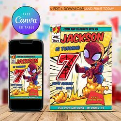 Spider Man 7th Birthday Invitation, Superheroes Seven Birthday Invitation Canva Editable Instant Download