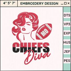 NFL Kansas City Chiefs Diva Embroidery Design, NFL Football Logo Embroidery Design, Famous Football Team Embroidery Design, Football Embroidery Design, Pes, Dst, Jef, Files