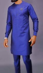 Mens Blue Ankara Outfit,African men clothing, prom suit, senator wear, Free DHL shipping