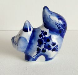 Gzhel porcelain animal figurine little figurines russian porcelain cat Blue Hand Painted blue ceramic decor