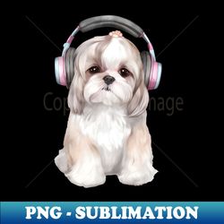 Watercolor Shih Tzu Dog with Headphones - Unique Sublimation PNG Download - Enhance Your Apparel with Stunning Detail