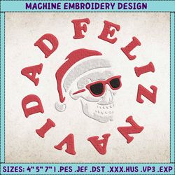Feliz Navidad Embroidery Designs, Christmas Embroidered Patch, Christmas Skeleton Embroidery Designs, Merry Xmas Embroidery
