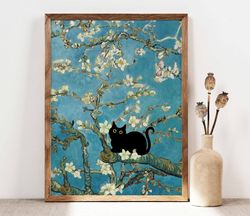 Black Cat Art, Vincent Van Gogh's Almond Blossom Cat Print, Van Gogh Cat Poster, Funny Cat print, Funny gift, Home decor