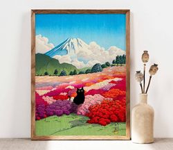 Black Cat Mount Fuji from an Azalea Garden Poster, Landscape Poster, Fuji Mountain Art Print, Japanese Art, Flowers Prin