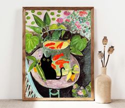 Black Cat Print, Matisse Goldfish Cat Poster, Fishbowl Black Cat Art Floral Print, Funny Cat print, Funny gift Idea Home