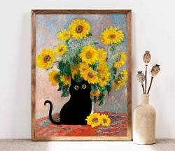 Claude Monet Sunflowers Cat Print, Monet Cat Poster, Black Cat Art, Floral Print, Funny Cat print, Funny gift, Home deco