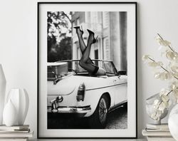 high heels in classic car poster, black and white fashion photography, fashion wall art print, wall art, vintage wall ar