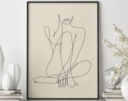 Naked woman body line drawing, art print lady female abstract continuous simple modern, black white gallery wall, Wall a