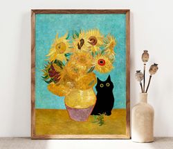 Vincent Van Gogh's Sunflowers Cat Print, Van Gogh Cat Poster, Black Cat Art Print, Funny Cat print, Funny gift, Home Dec