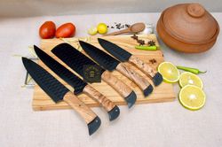 beautiful black forged chef set of 5 pieces , chef knife set , kitchen chef knife set , anniversary gift for him