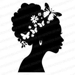 Elegant Black Woman Silhouette with Floral Hairband SVG | Silhouette PNG hair bun flower butterflie leave feminine