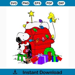 Snoopy decorates his doughuse with christmas light svg, christmas svg, snoopy svg, snoopy lover, woodstock svg, doghouse