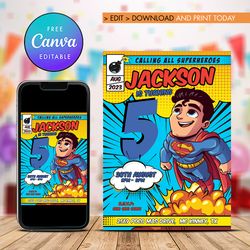 Superhero Boy ANY AGE Birthday Invitation, Superheroes Birthday Invitation Canva Editable Instant Download